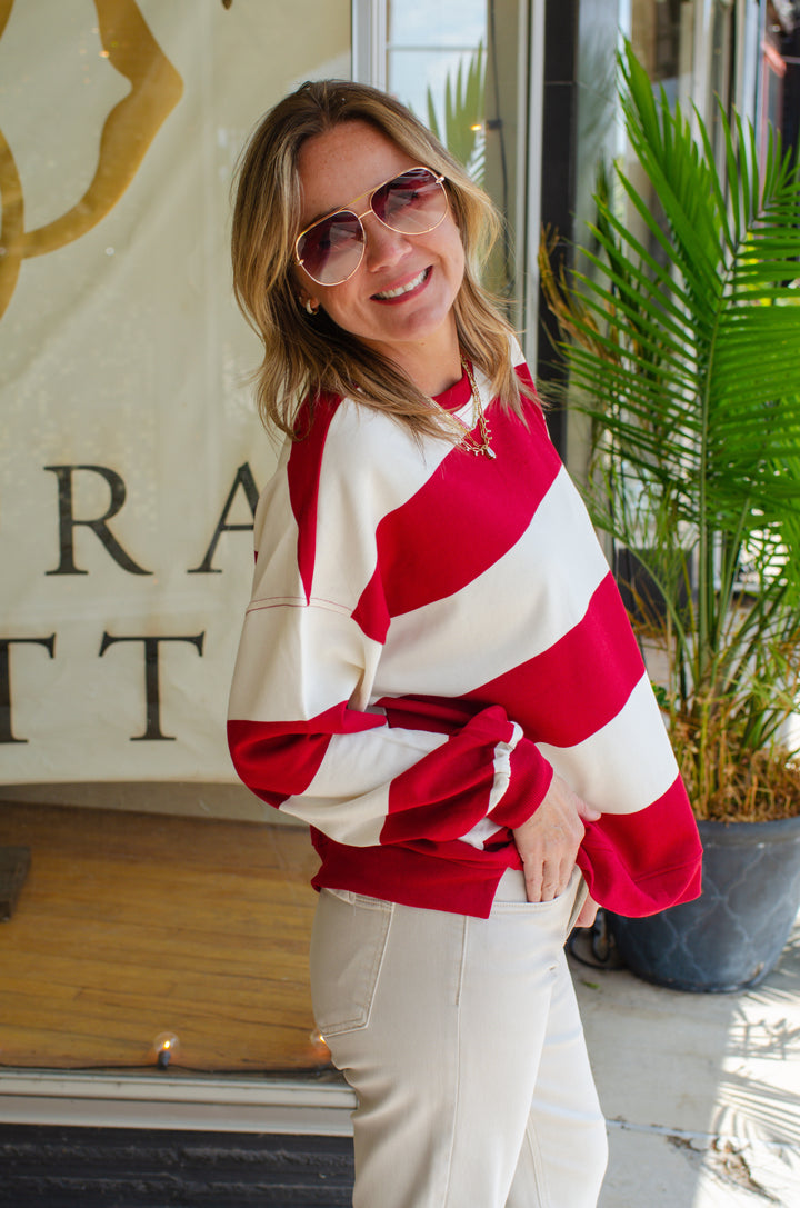 Be Bold Red & Cream Stripe Oversized Crewneck Long Sleeve Top