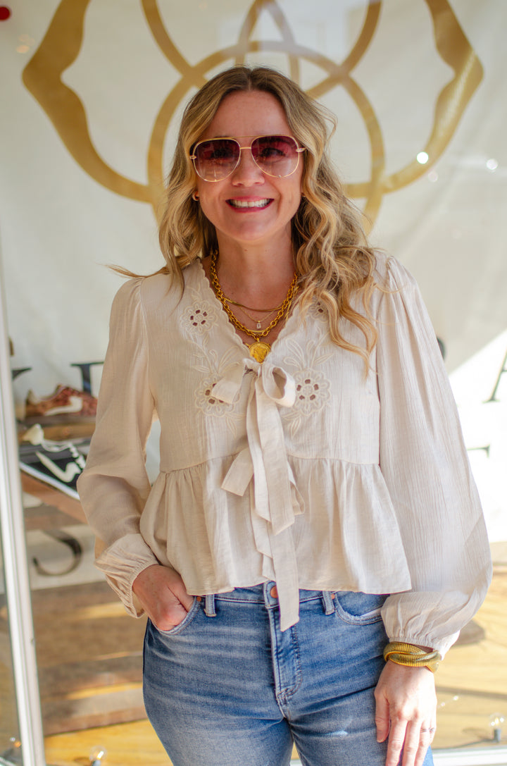 Sweet Surrender Eyelet Crochet Tie Front Long Sleeve in Beige