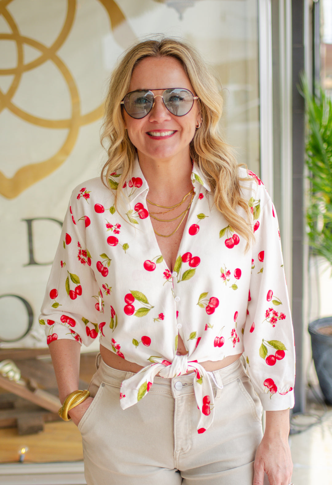 Cherry Printed Collared Tie Front Button Down Top