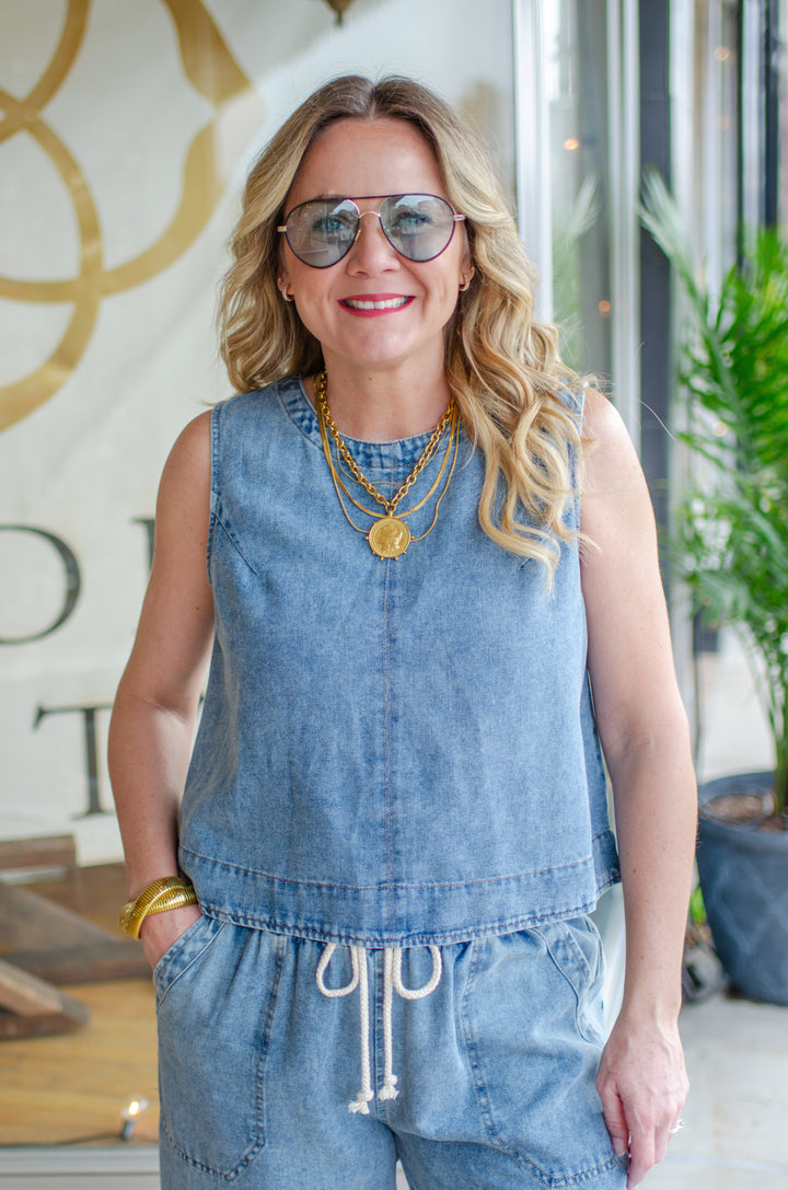 Denim Days Sleeveless Denim Button Down Tank