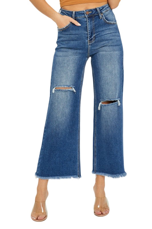 Risen High Rise Frayed Ankle Wide Leg Jeans in Dark Wash