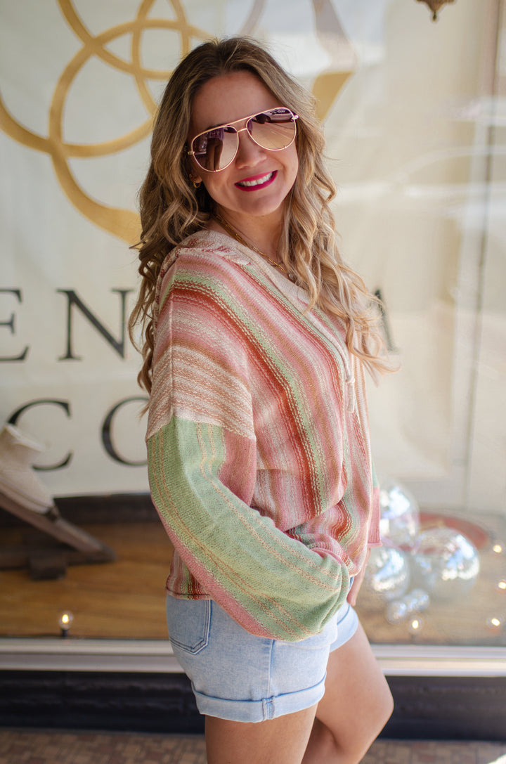 Dreaming of Sunshine Boho Stripe Pullover Knit Top in Natural