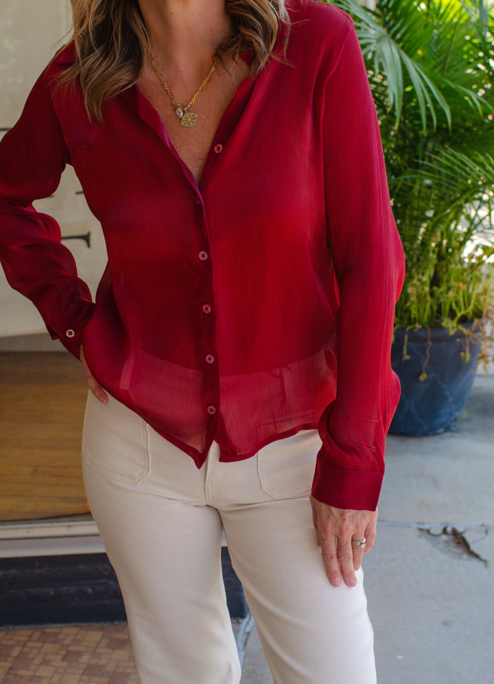Shimmering Nights Metallic Button Down Long Sleeve Top in Burdundy