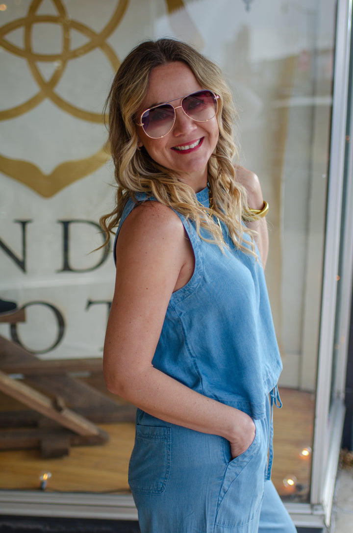 Chambray Lover Sleeveless Button Down Back Top