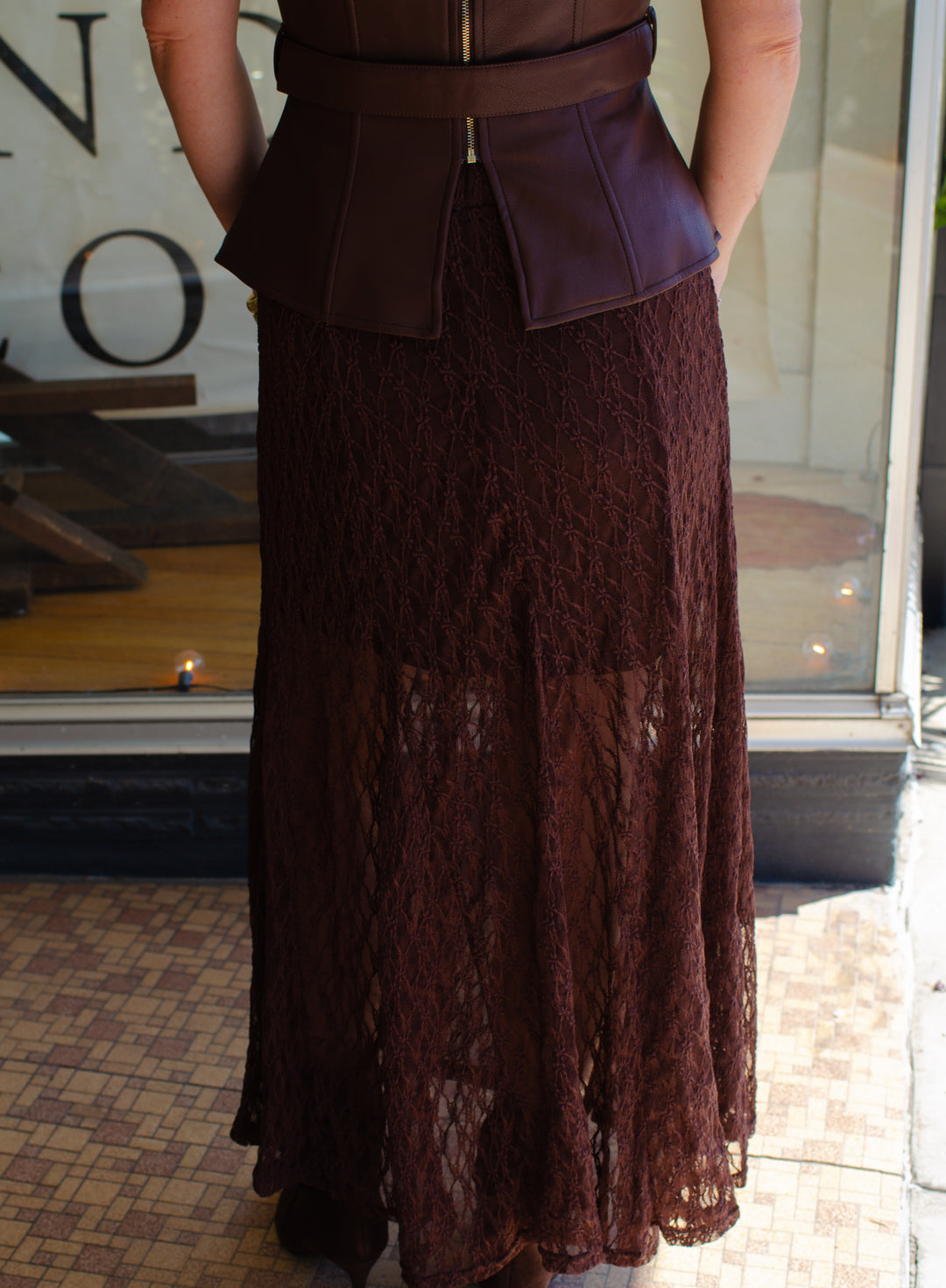 Boho Babe Sheer Lace Midi Skirt in Chocolate Brown