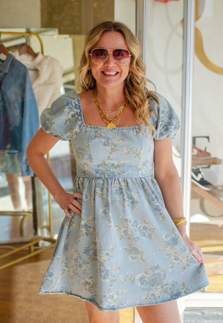 Fields of Floral Denim Puff Sleeve Fitted Waist Dress