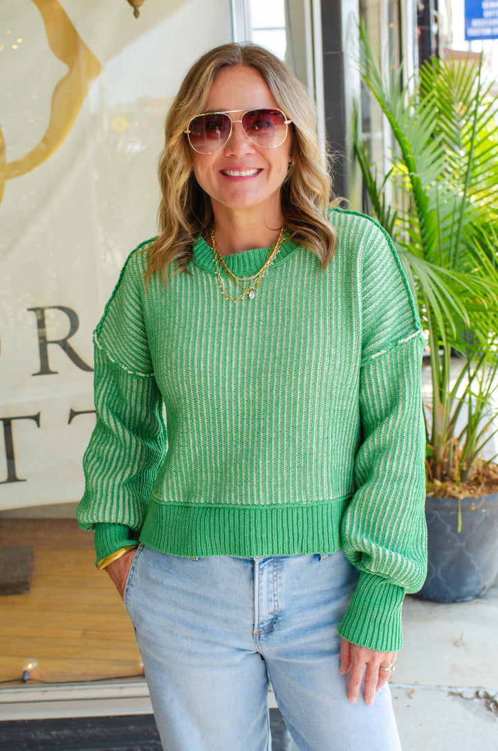 Beacon Of Fun Two Tone Ribbed Sweater Top in Green