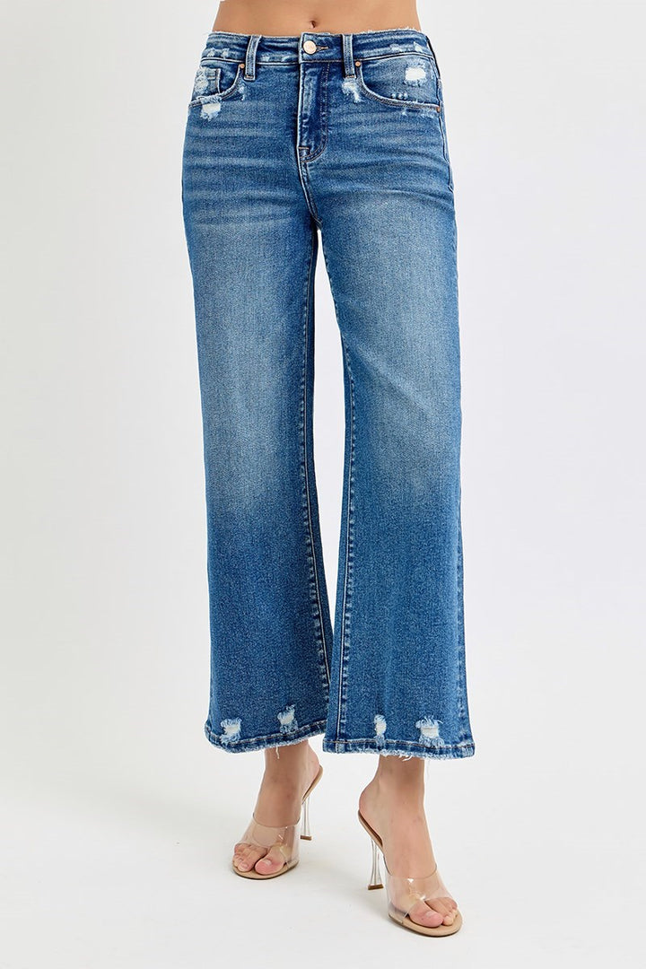 Risen Tummy Control High Rise Crop Wide Leg Jeans in Dark Wash