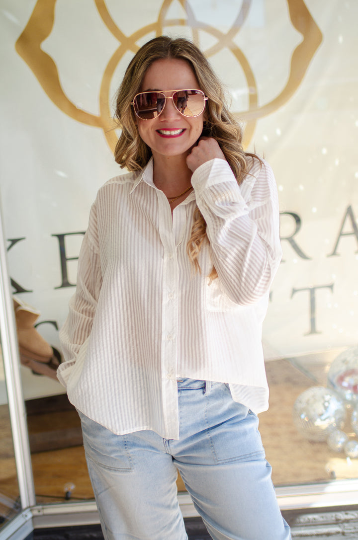 See Trough You Stripe Sheer Oversized Button Down Collared Top in White