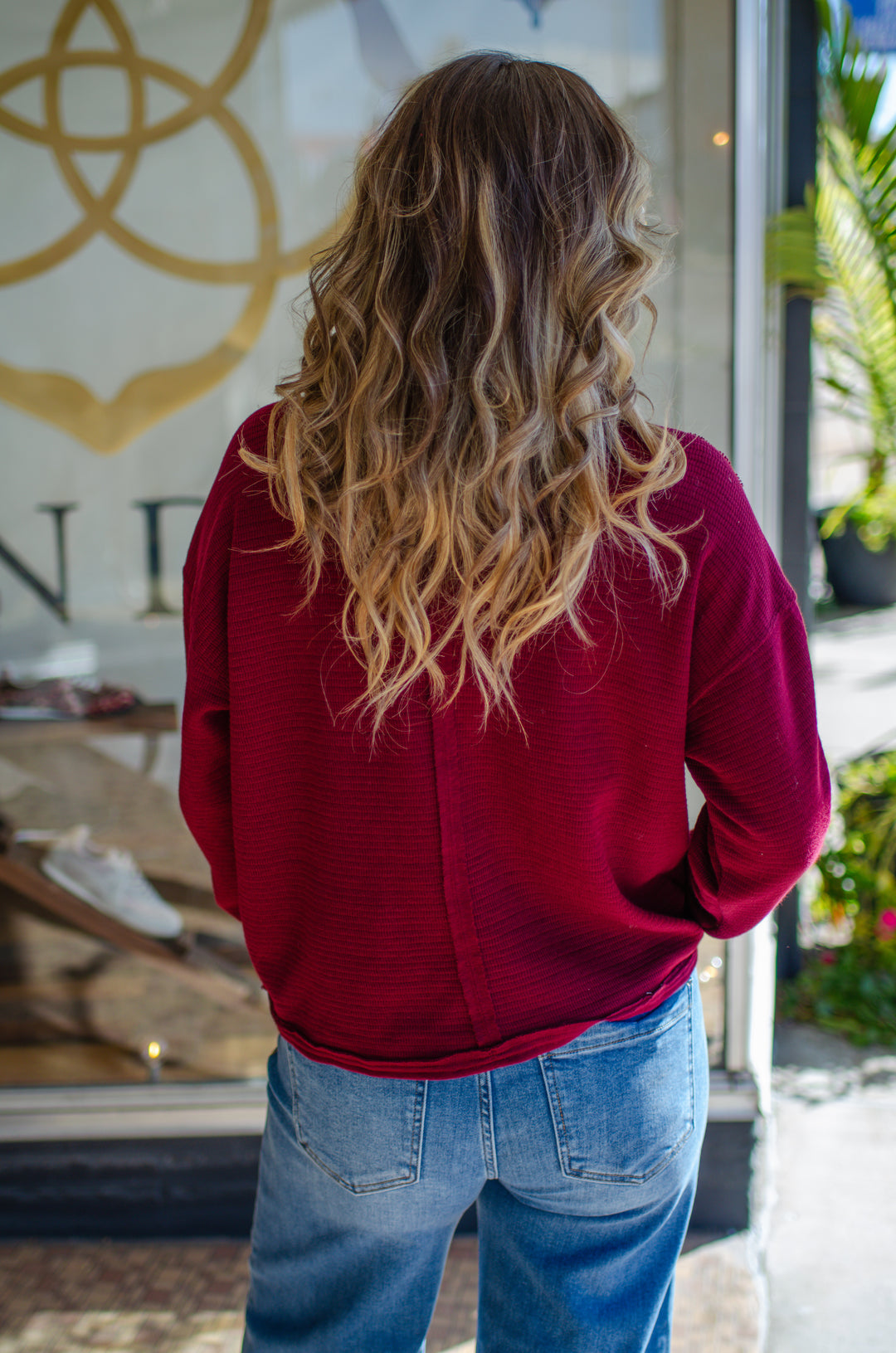 Take Your Time Split Neckline Long Sleeve Collared Top in Burgundy