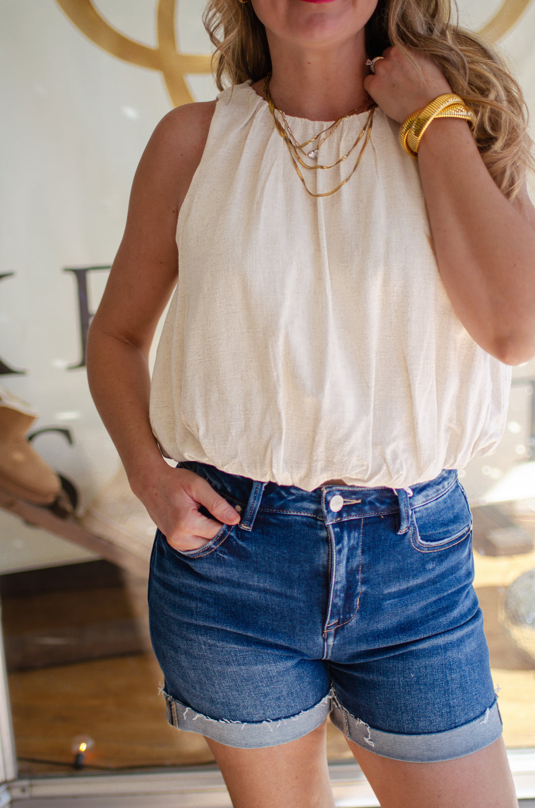 Spring Staple Oatmeal Bubble Hem Sleeveless Top