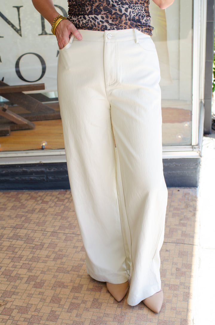 In Stride Faux Leather Gold Button Wide Leg Pant in Cream