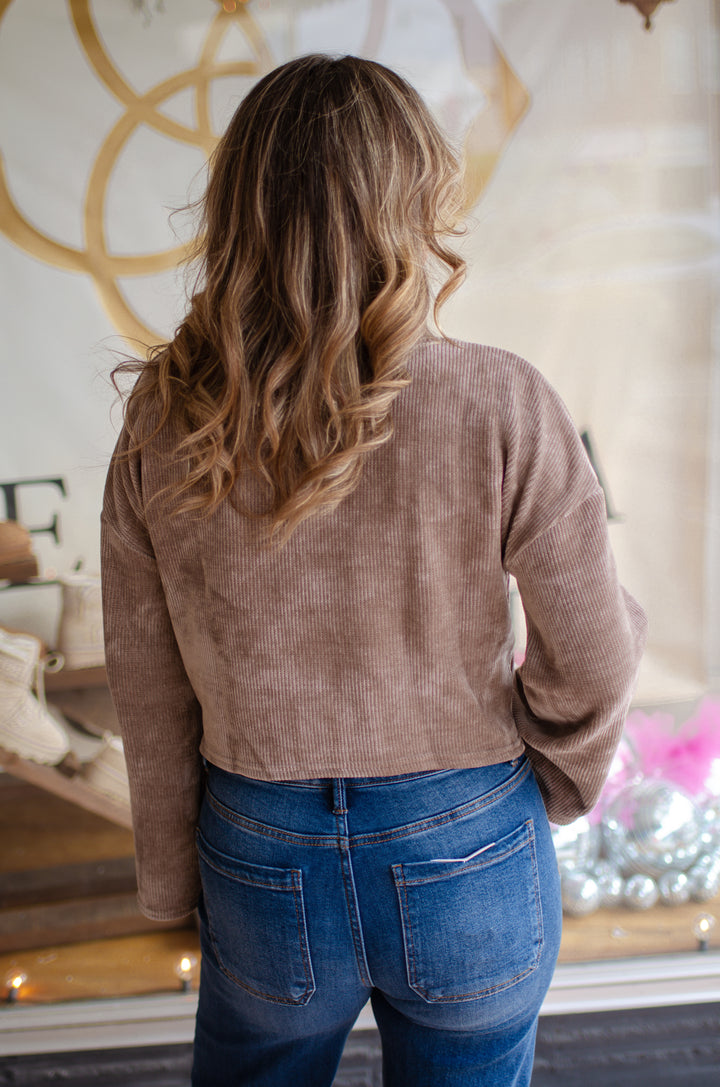 Cozy Up To Me Soft Chenille Bell Sleeve Sweater Top in Taupe