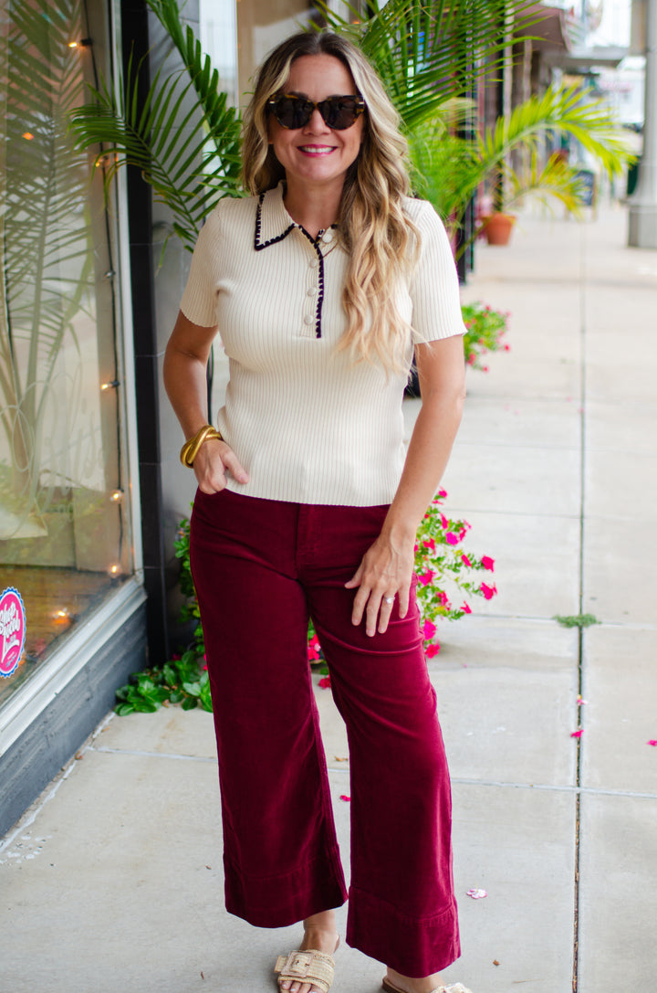 Risen High Rise Crop Wide Corduroy Pants in Wine