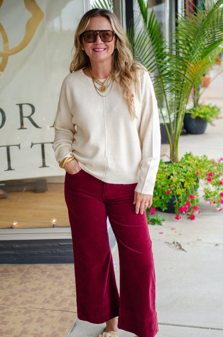 Take Me Back Cream Knit Crewneck Front Seam Sweater