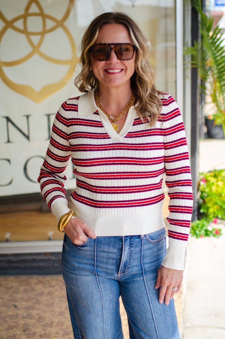 Retro Love Burgundy Stripe Cream Fitted Collated Sweater