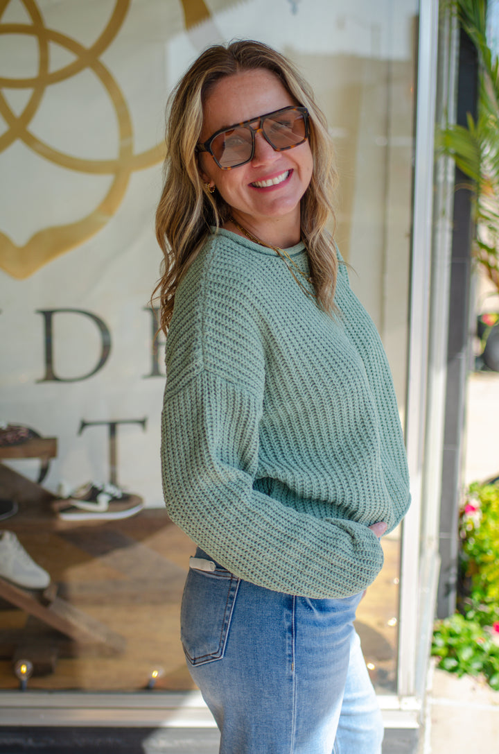 Winter Wonder Rolled Edge Ultra Soft Knit Sweater in Sage