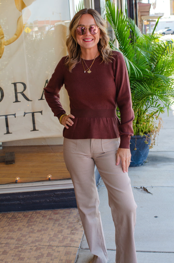 Hold Me Close Fitted Peplum Sweater in Brown