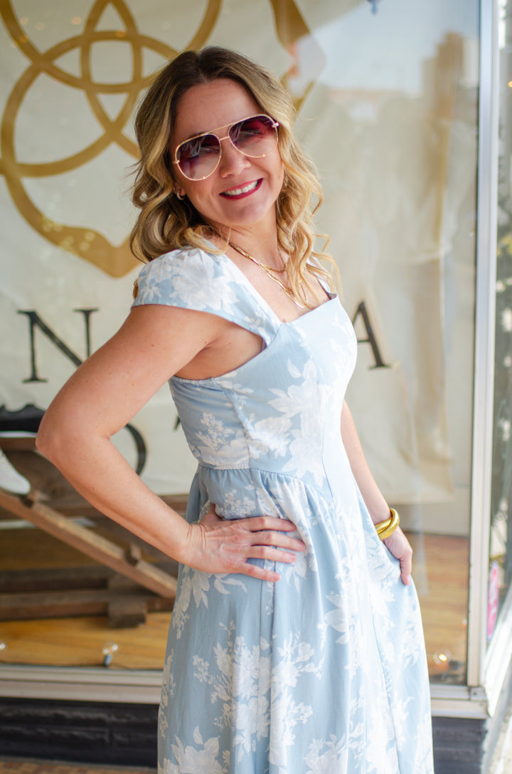 Floral Dreamer Midi Length Ruffle Shoulder Dress in Light Blue