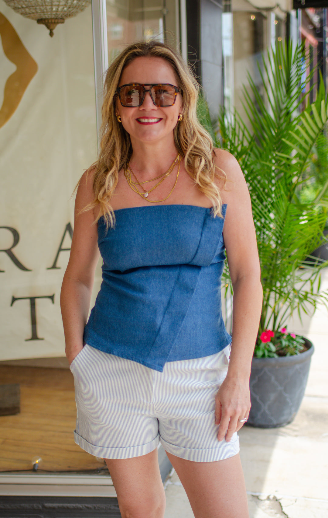 Modern Take Strapless Asymmetrical Front Top in Denim