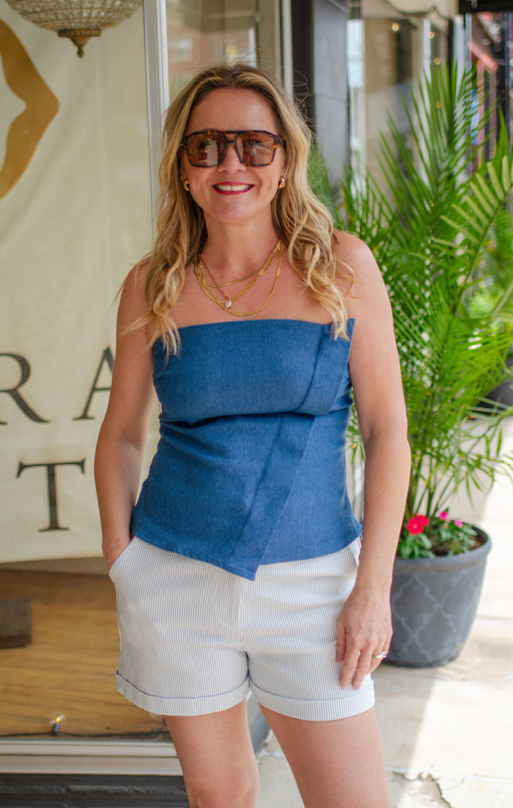 Modern Take Strapless Asymmetrical Front Top in Denim