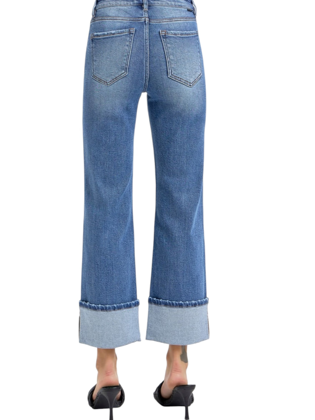 Risen High Rise Ankle Straight Wide Cuff Jeans in Medium Wash