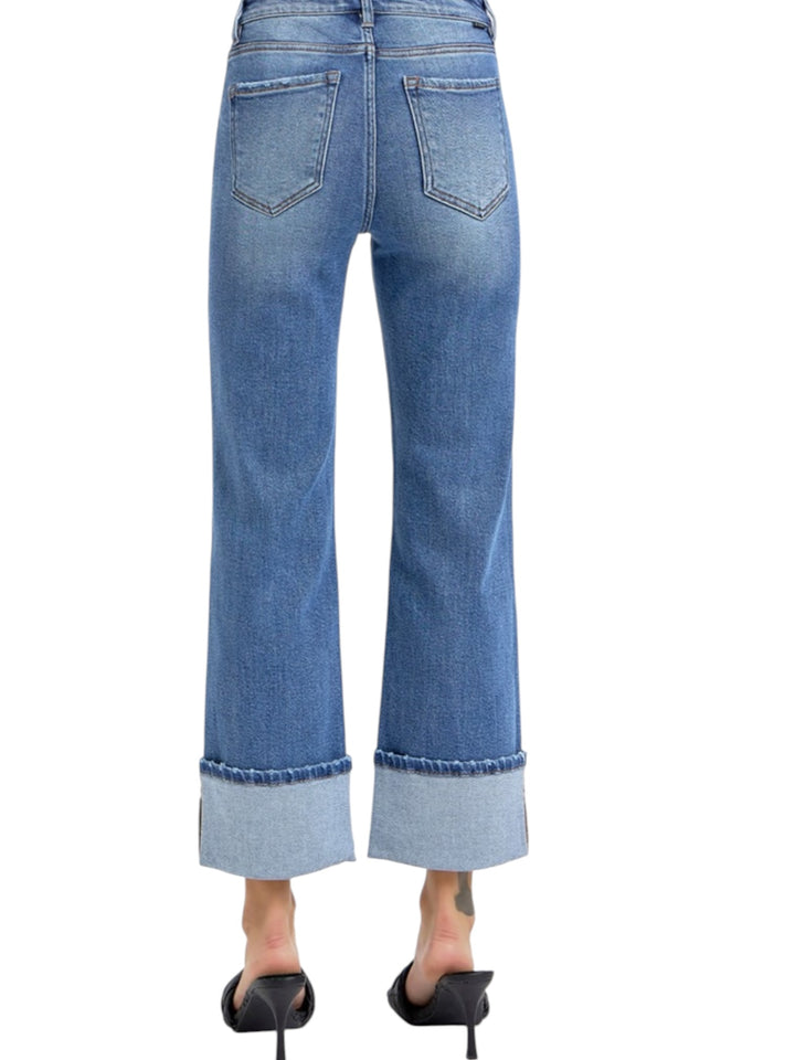 Risen High Rise Ankle Straight Wide Cuff Jeans in Medium Wash