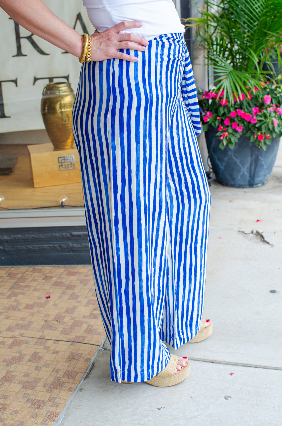 Greek Isle Blue & White Stripe Tie Side Wide Leg Pant