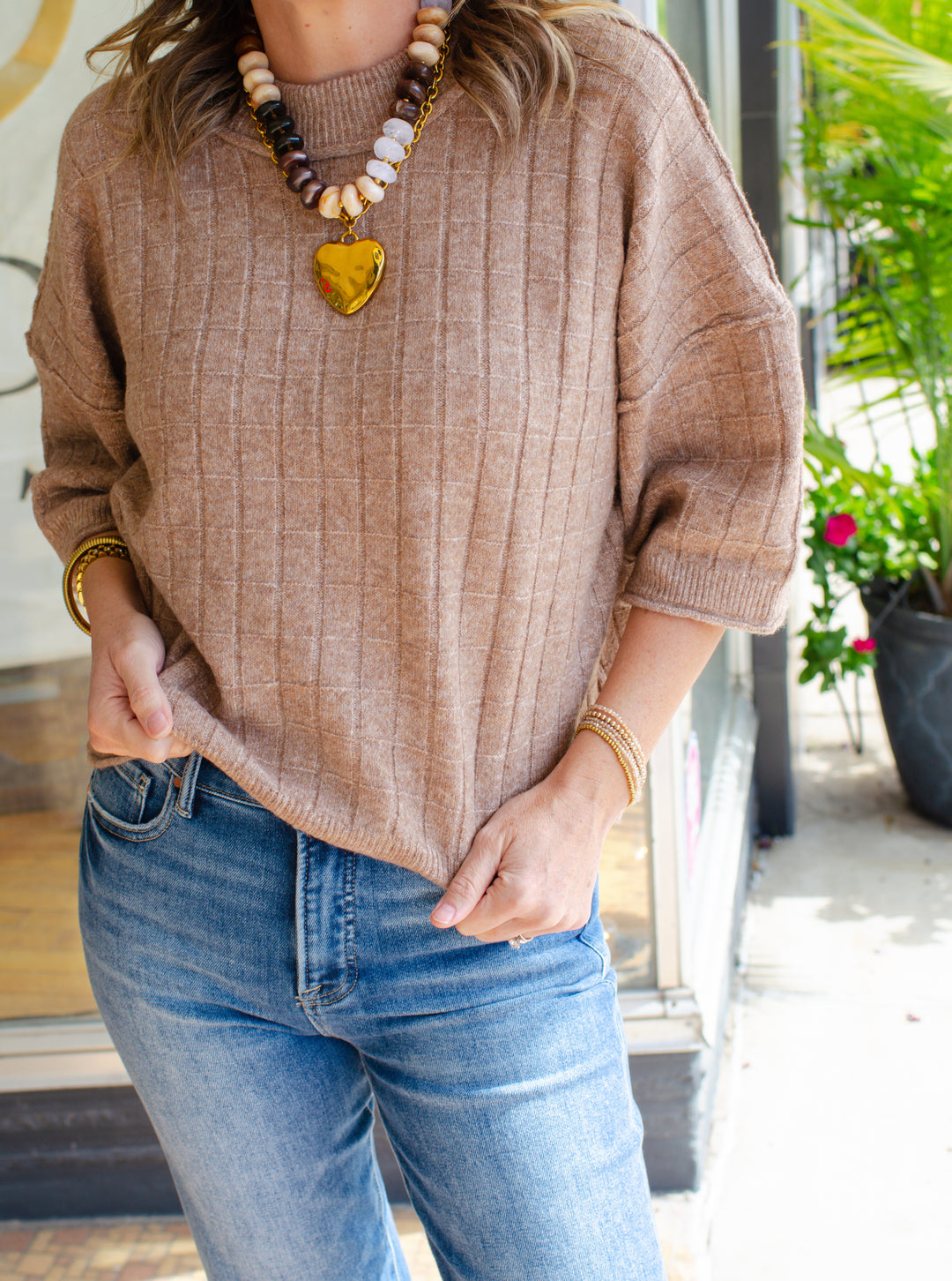 Perfect Fall Short Sleeve Textured Sweater Top in Mocha