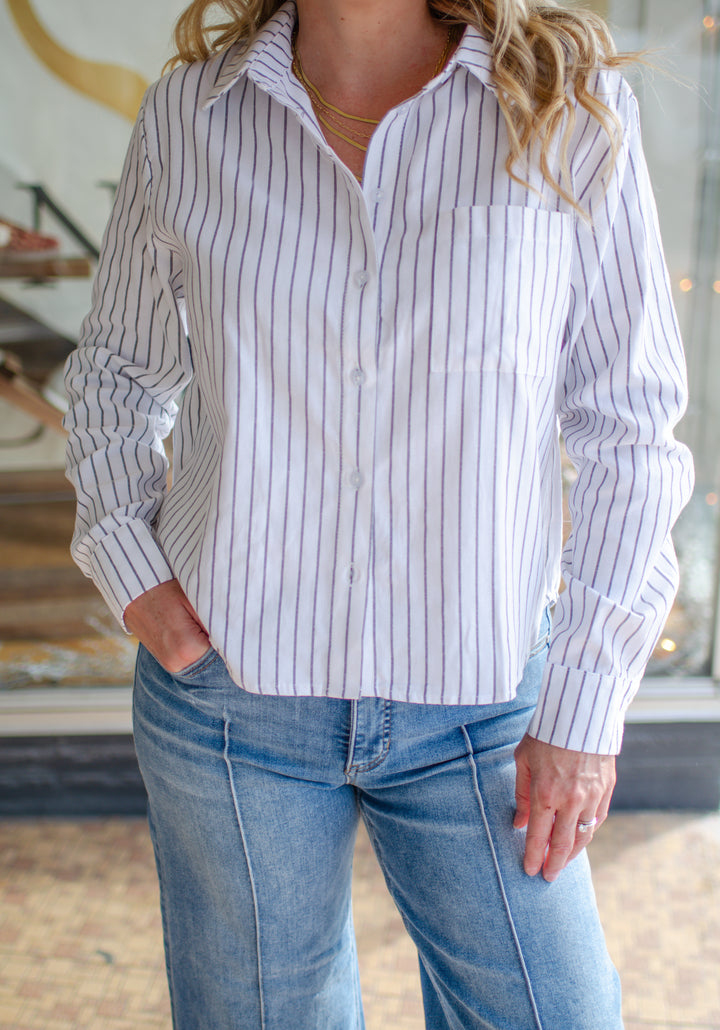 Sophisticated Stripe Button Down Collared White Blouse