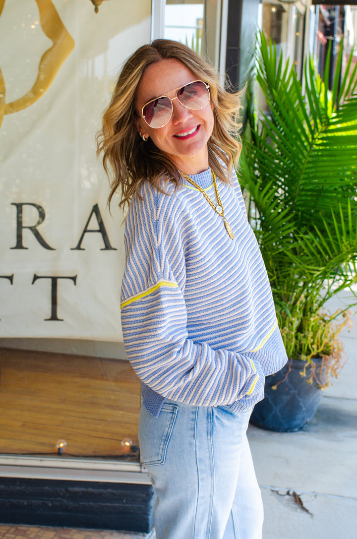 Get Cozy Soft Ribbed Knit Round Neck Color Block Sweater in Light Blue
