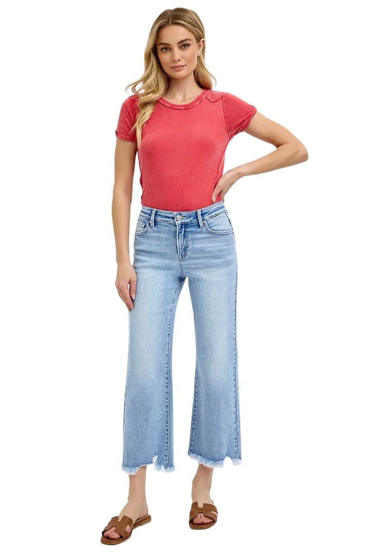 Risen Mid Rise Crop Straight leg Light Denim jeans