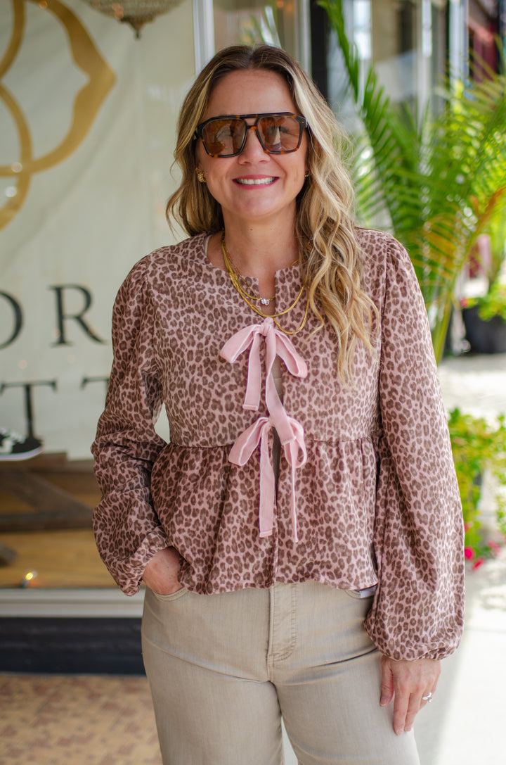 Wild Ways Pink Leopard Velvet Bow Front Top