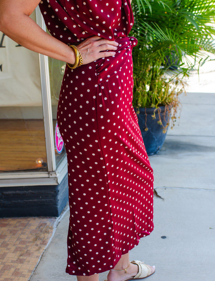 Perfectly Poised Burgundy Polka Dot Twist Front Midi Skirt