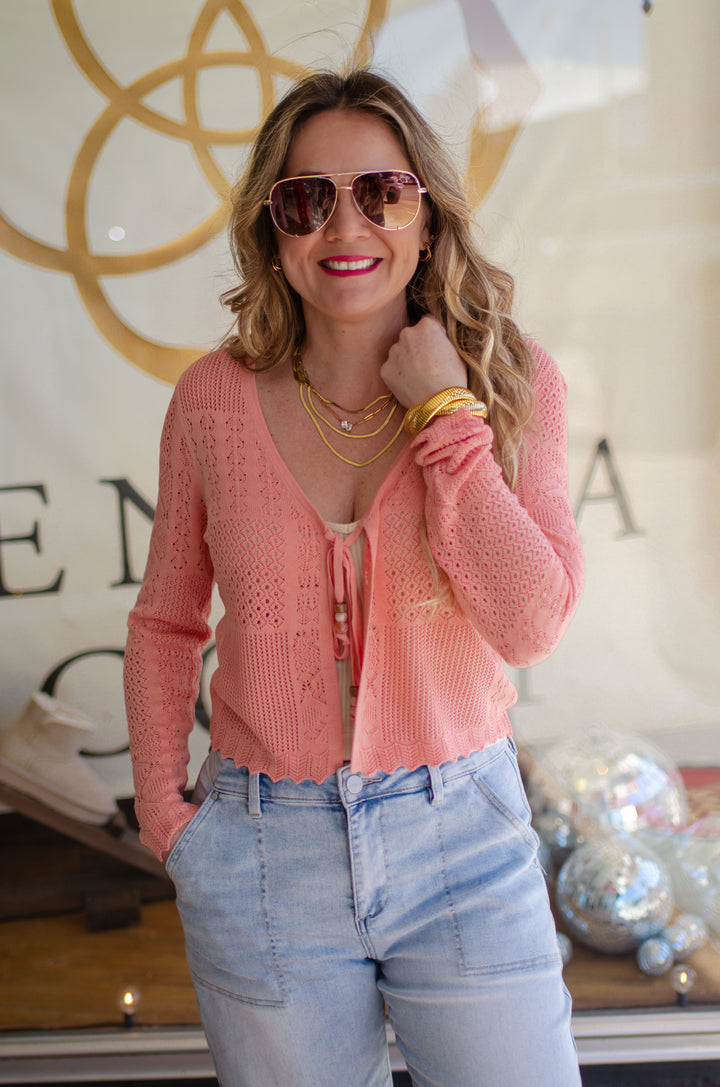 Summer Love Crochet Knit Long Sleeve Tie Front Cardigan in Coral Pink