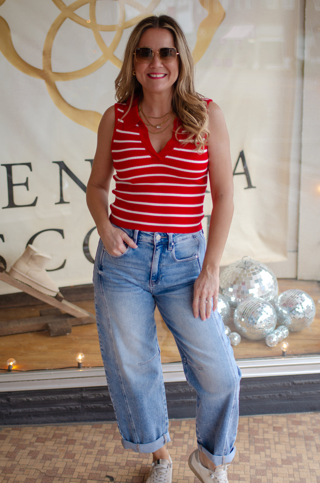 Last Chance Stripe Fitted Collared Tank in Red