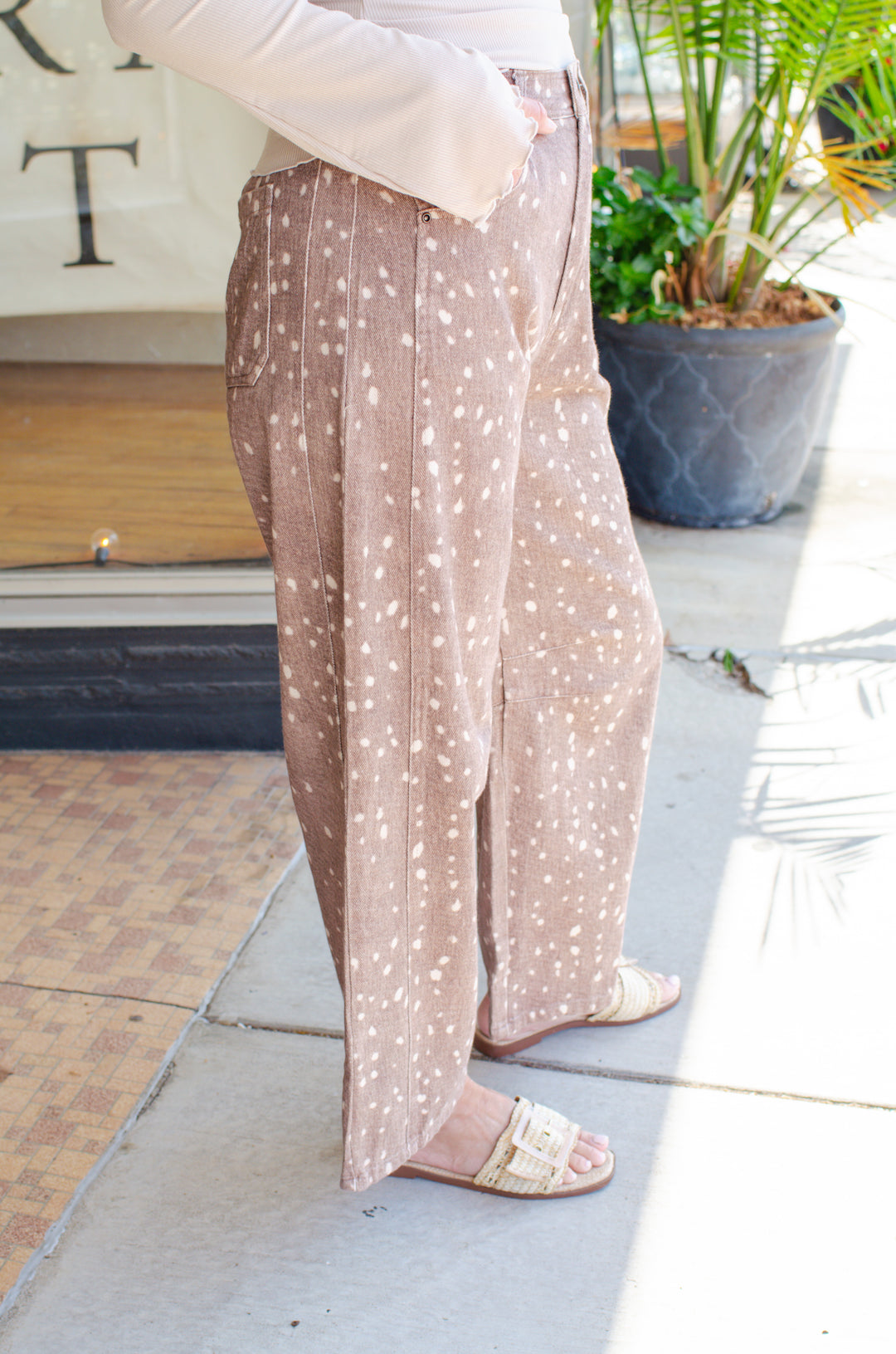 Bambi Print Wide Leg Barrel Pants in Mocha