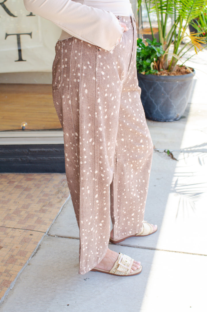 Bambi Print Wide Leg Barrel Pants in Mocha