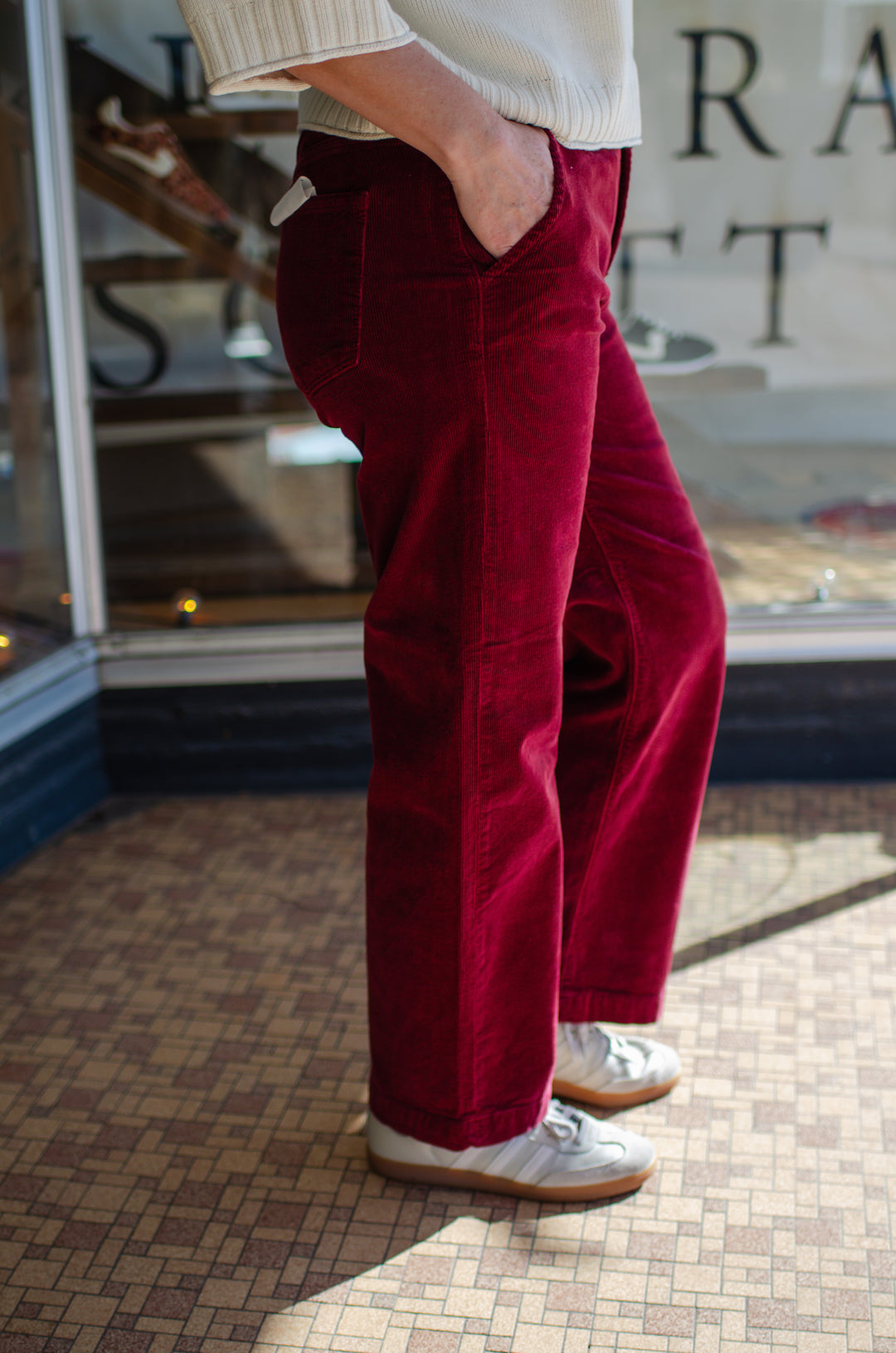 Risen Tummy Control Mid Rise Ankle Straight Leg Corduroy Pants in Wine