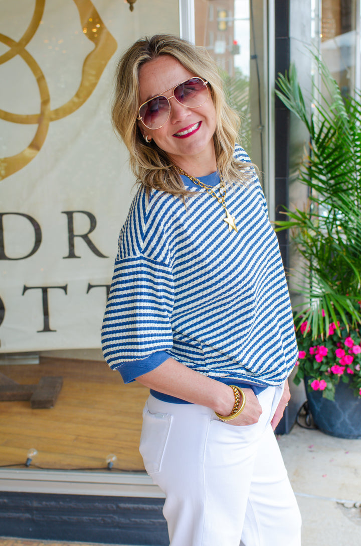 Classic Oversized Striped Tee in Light Denim