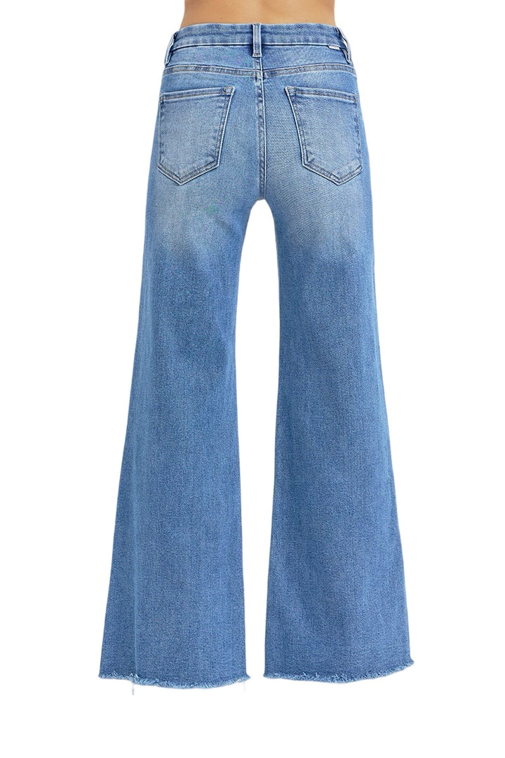 Risen Mid Rise Tummy Control Wide Leg Jeans in Medium Wash