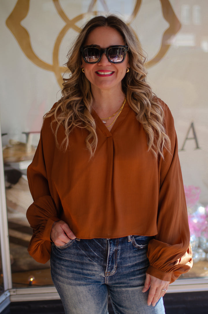 Classic Cur V-Neck Shimmer Balloon Sleeve Blouse in Camel