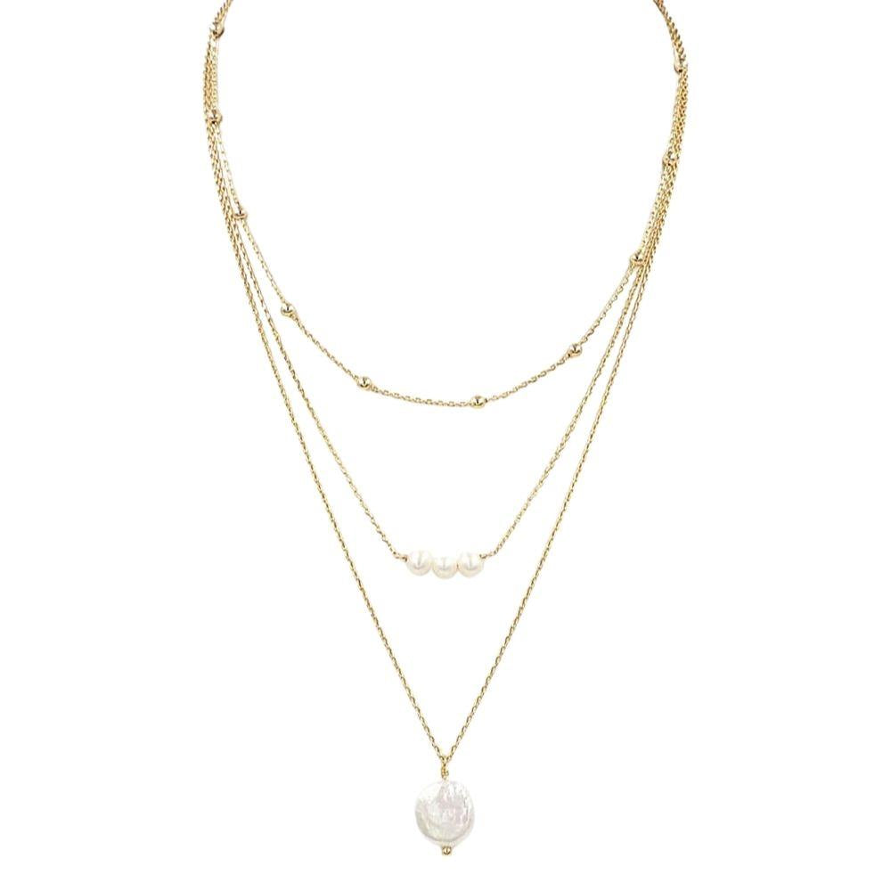 Gold Pearl Drop Triple Layer Necklace