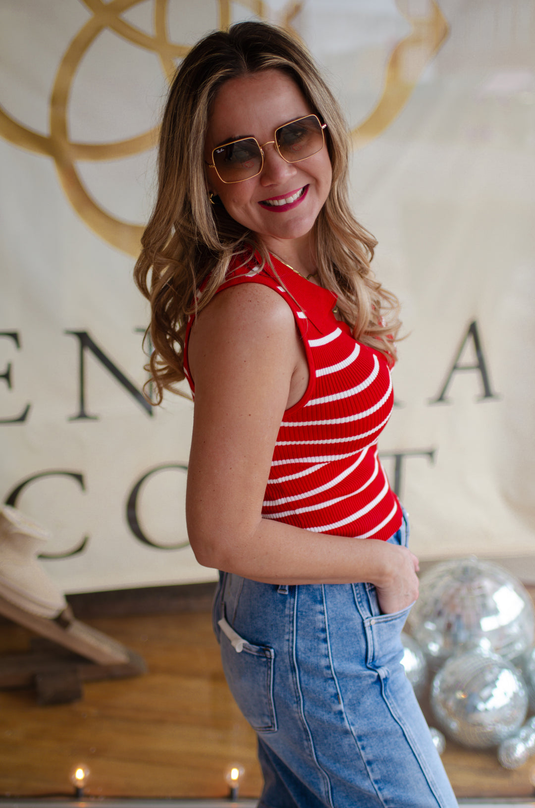 Last Chance Stripe Fitted Collared Tank in Red