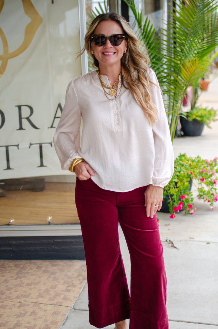 Weekend Romance Silky Button Down Blouse in Champagne