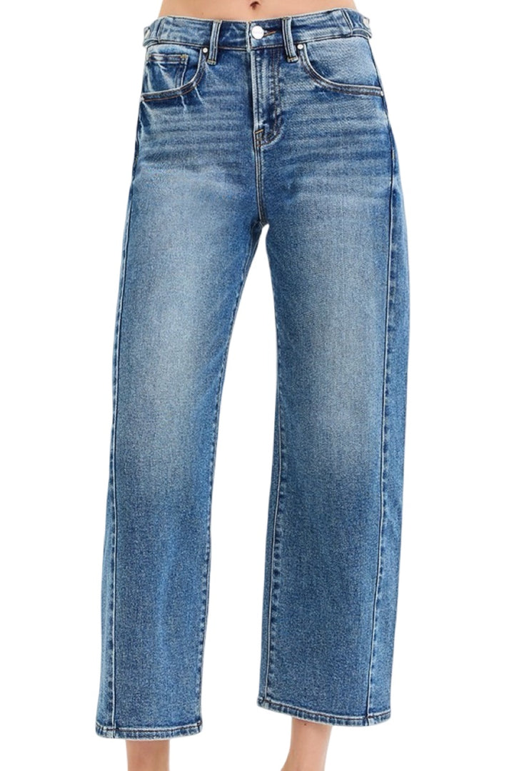 Risen High Rise Crop Length Barrel Jeans in Dark Wash