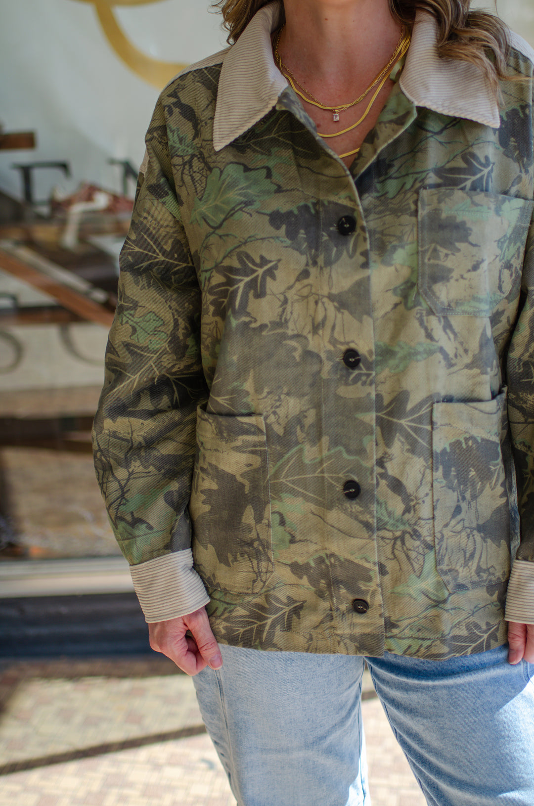 See Through You Camo Corduroy Collar Jacked in Beige Mix