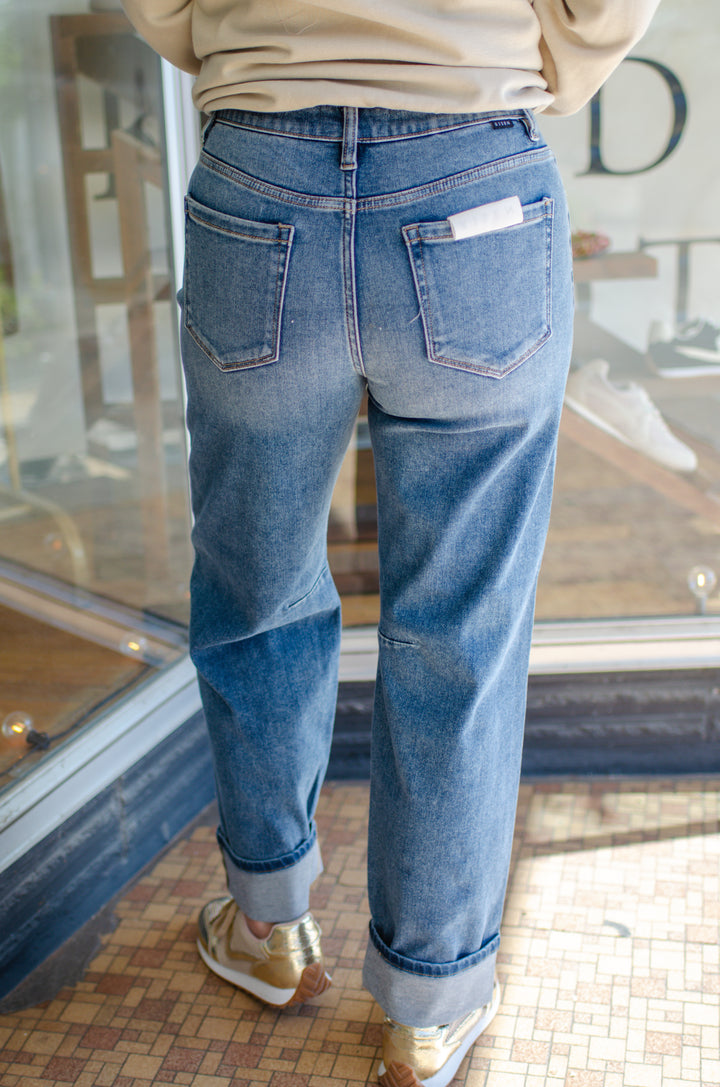 Risen Slouchy Crop Barrel Cuffed Jeans in Medium Wash