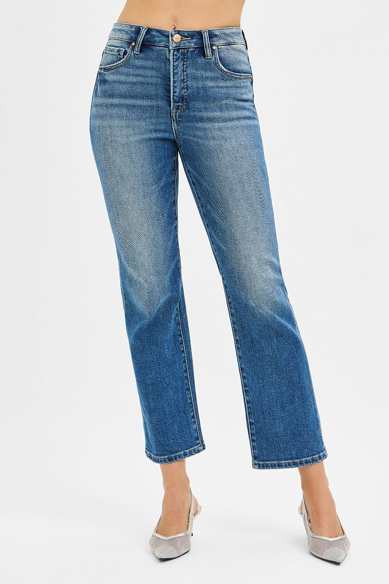 Risen Tummy Control High Rise Crop Straight Jeans in Medium Wash