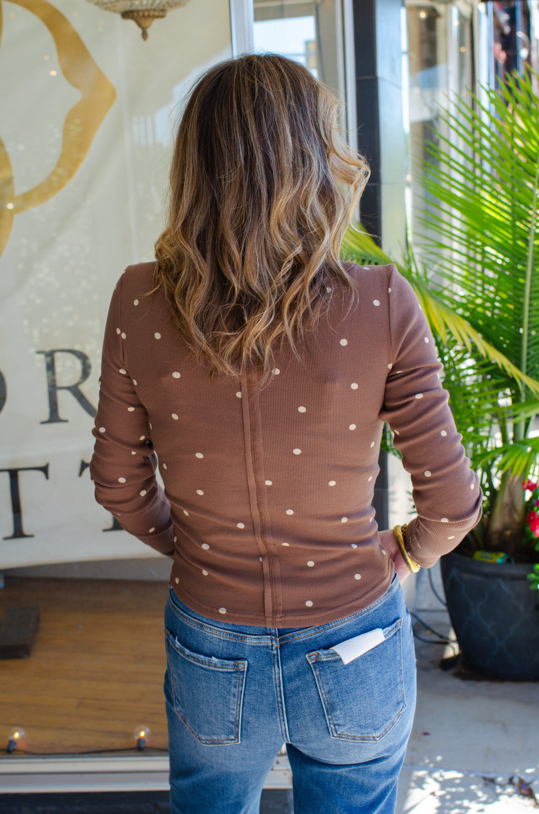 Count On Me Polka Dot Button Down Long Sleeve Fitted Top in Chocolate Brown